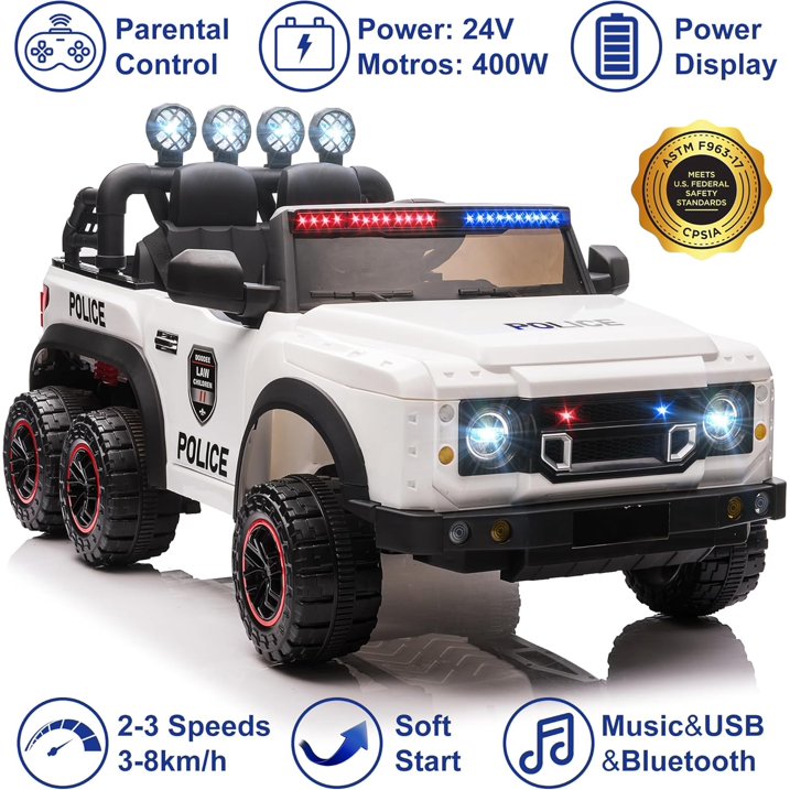 24V Electric Police Car for Kids 2 Seater, Six Wheel Ride on Toy for Big Kids with Remote Control, 400W Motors, 5mph Max Speed-White