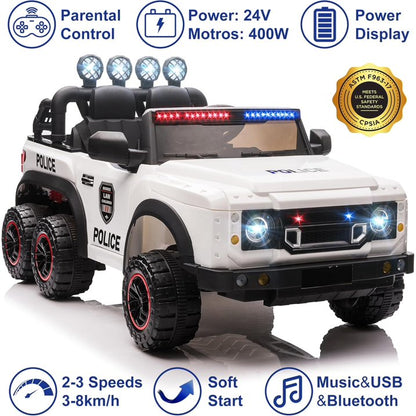 24V Electric Police Car for Kids 2 Seater, Six Wheel Ride on Toy for Big Kids with Remote Control, 400W Motors, 5mph Max Speed-White