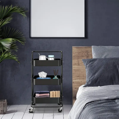 Cheelom 3-Layer Small Trolley Storage Rack, Floor-Standing, Kitchen Bathroom Bedroom Bedside Rack, Black