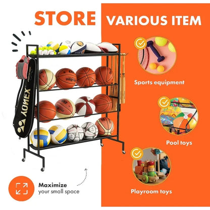 Werseon Basketball Rack,Ball Storage Stand,4 Tier Balls Organizer Rack with Holder & Hooks,41x15x46 inch