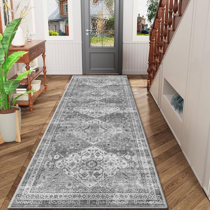 TECHVIDA 2'x6' Hallway Runner Rug Boho,Non Slip Machine Washable Rugs for Hallway Kitchen,Grayish Beige