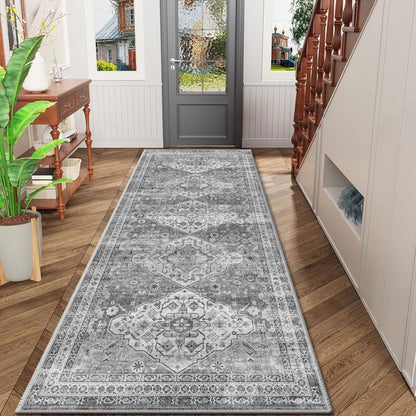 TECHVIDA 2'x6' Hallway Runner Rug Boho,Non Slip Machine Washable Rugs for Hallway Kitchen,Grayish Beige