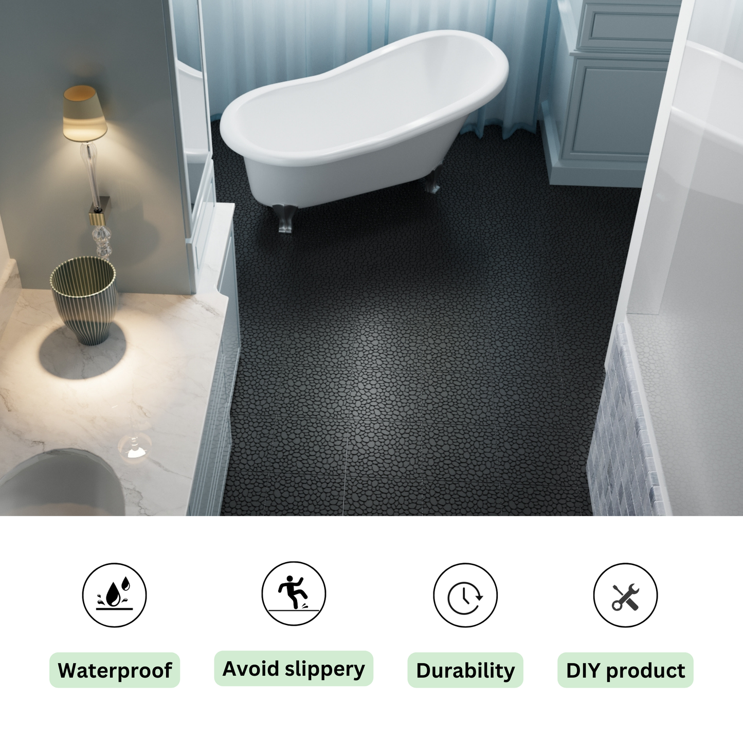 Werseon 12" x 12" Interlocking Deck Tiles, 12 PCS Plastic Waterproof Drainage Tiles Mats for Bathroom Porch Balcony Backyard, Weight Capacity Upto 440 LBS, Pebble Stone Pattern, Black