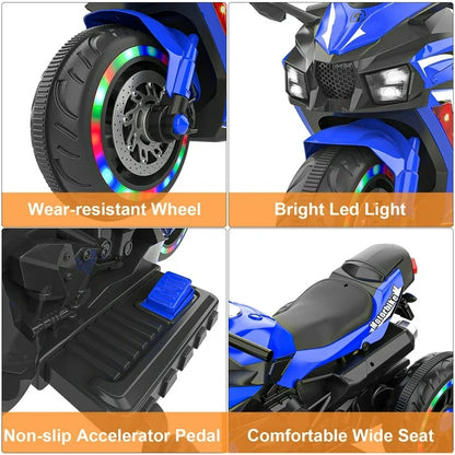 Cheelom Kids Motorcycle,12V Battery Powered Electric Vehicle with 3 Wheels, LED Lights, Foot Pedal, Blue