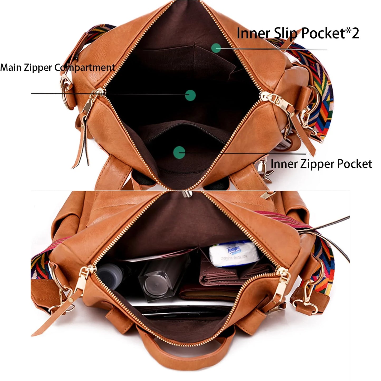 YOMYM Backpack Purse for Women Fashion Waterproof PU Leather School Backpack Convertible Shoulder Bags Brown