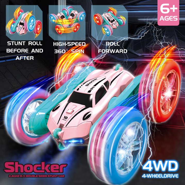 HNH RC Stunt Car for Boys Girls Ages 6-12, 2.4GHz Pink Remote Control Car, 4WD RC Cars Toys with Lights, Double-Sided Driving & 360°Flips, 2 Batteries, Presents Gifts