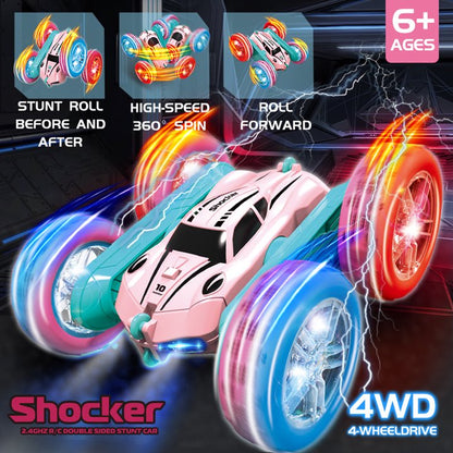 HNH RC Stunt Car for Boys Girls Ages 6-12, 2.4GHz Pink Remote Control Car, 4WD RC Cars Toys with Lights, Double-Sided Driving & 360°Flips, 2 Batteries, Presents Gifts