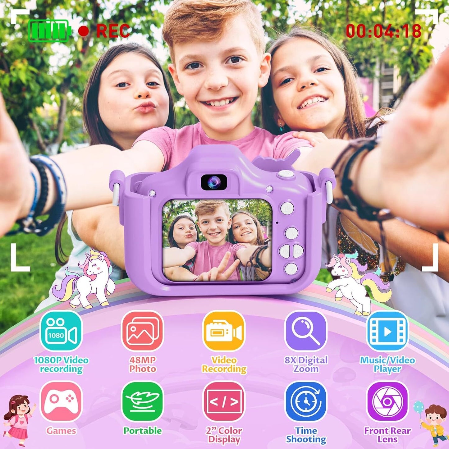 1080P Kids Camera for Girls, Portable Toddler Digital Selfie Camera with 64G SD Card and Cute Protective Cover, Christmas Birthday Gifts Toys for 3-10 Years Kids