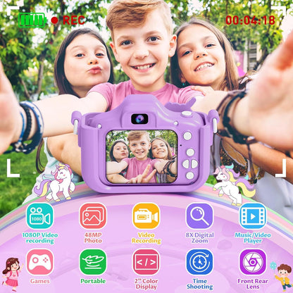 1080P Kids Camera for Girls, Portable Toddler Digital Selfie Camera with 64G SD Card and Cute Protective Cover, Christmas Birthday Gifts Toys for 3-10 Years Kids