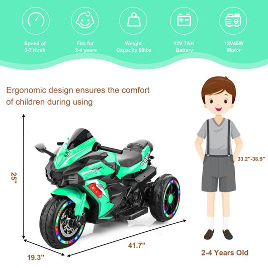 Cheelom 12V Kids Electric Motorcycle/ Ride on Motorbike, Three lighting Wheels Music,LED，Buletooth，Green
