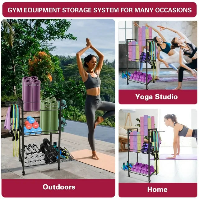 Techvida Yoga Mat Storage, Gym Equipment Storage, Cart for Organizing Workout Room, Home Gym Storage with Hooks and Wheels