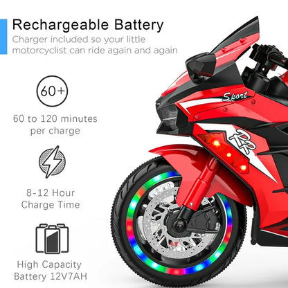 HNH Kids Motorcycle for Kids 3-8, 12V Battery Powered Bike Electric Motorbike, 3 Wheels Ride on Toys with LED Lights, Bluetooth Music