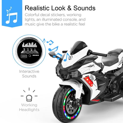 HONGLONG Ride on Toys 12V 3 Wheels Battery Powered Ride on Motorcycle with LED Lights Music for Kids, White