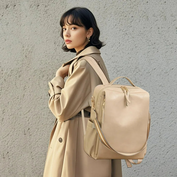 HONGLONG PU Leather Backpack for Women Fashion Multipurpose Design Convertible Backpack Purse Large Shoulder Bag Travel Bag Beige