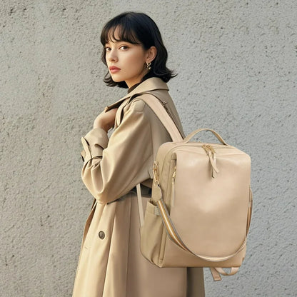 HONGLONG PU Leather Backpack for Women Fashion Multipurpose Design Convertible Backpack Purse Large Shoulder Bag Travel Bag Beige