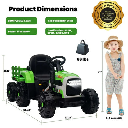 ZOGYMOZ 12V Ride on Tractor with Trailer, Kids Ride on Truck, Powered Ride on Toy Car with Remote-Green