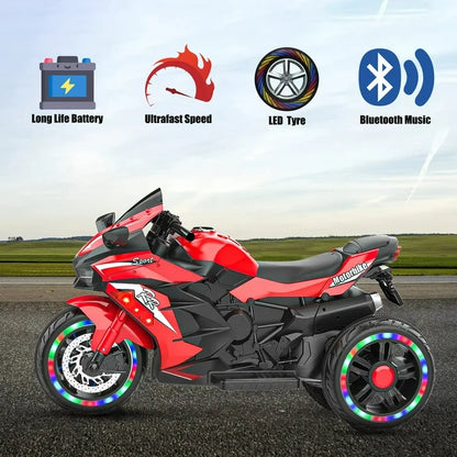 HONGLONG 12V Ride on Motorcycle for Kids, 3 Wheels Electric Motorcycle with LED Lights, Bluetooth Music, Red