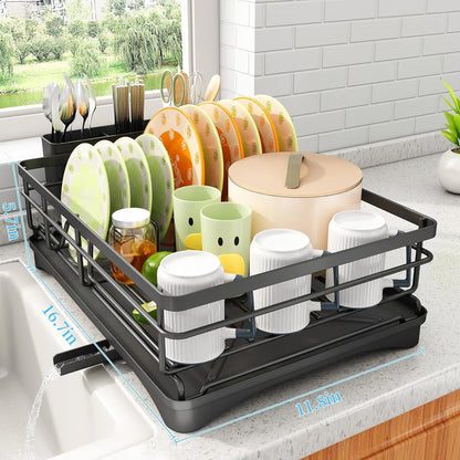 Werseon Dish Drying Rack, Stainless Steel Dish Rack for Sink, Large Dish Rack with Drainboard,Rustproof Dish Drainer with Utensil Holder for Kitchen,Black