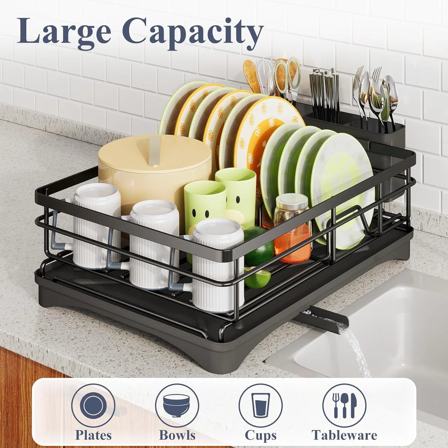Werseon Dish Drying Rack, Stainless Steel Dish Rack for Sink, Large Dish Rack with Drainboard,Rustproof Dish Drainer with Utensil Holder for Kitchen,Black