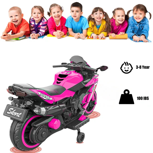 HNH 12V Ride on Motorcycle for Kids, Child Battery Powered Motorcycle with LED Lights Wheels and Bluetooth Music (Pink)