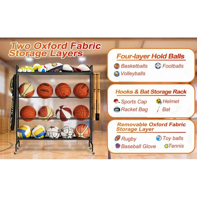 Werseon Basketball Rack,Ball Storage Stand,4 Tier Balls Organizer Rack with Holder & Hooks,41x15x46 inch