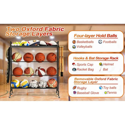 Werseon Basketball Rack,Ball Storage Stand,4 Tier Balls Organizer Rack with Holder & Hooks,41x15x46 inch