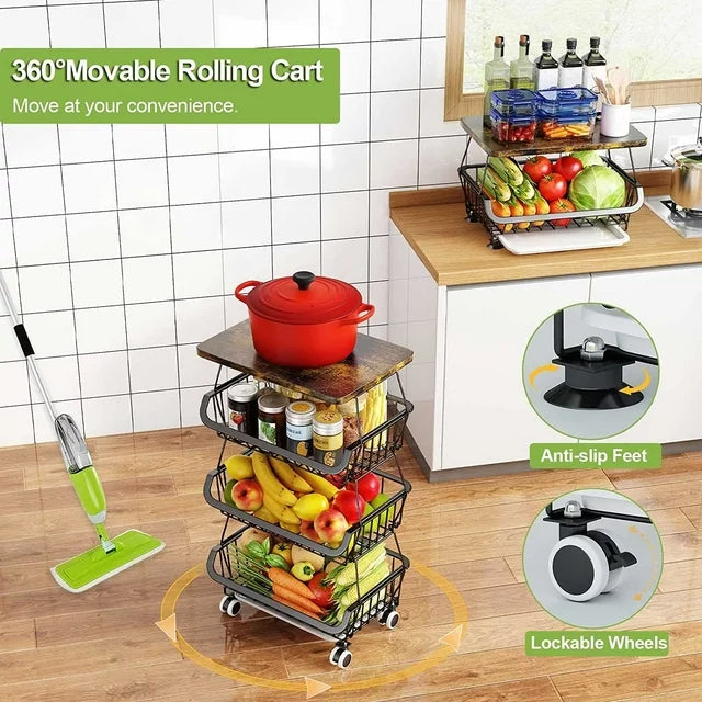 Werseon 4 Tier Fruit Storage Basket, Fruit Vegetable Cart with Solid Wood, Kitchen Storage Rack with Rollers for Pantry