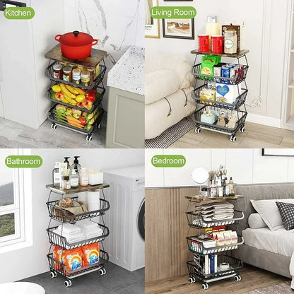 Werseon 4 Tier Fruit Storage Basket, Fruit Vegetable Cart with Solid Wood, Kitchen Storage Rack with Rollers for Pantry