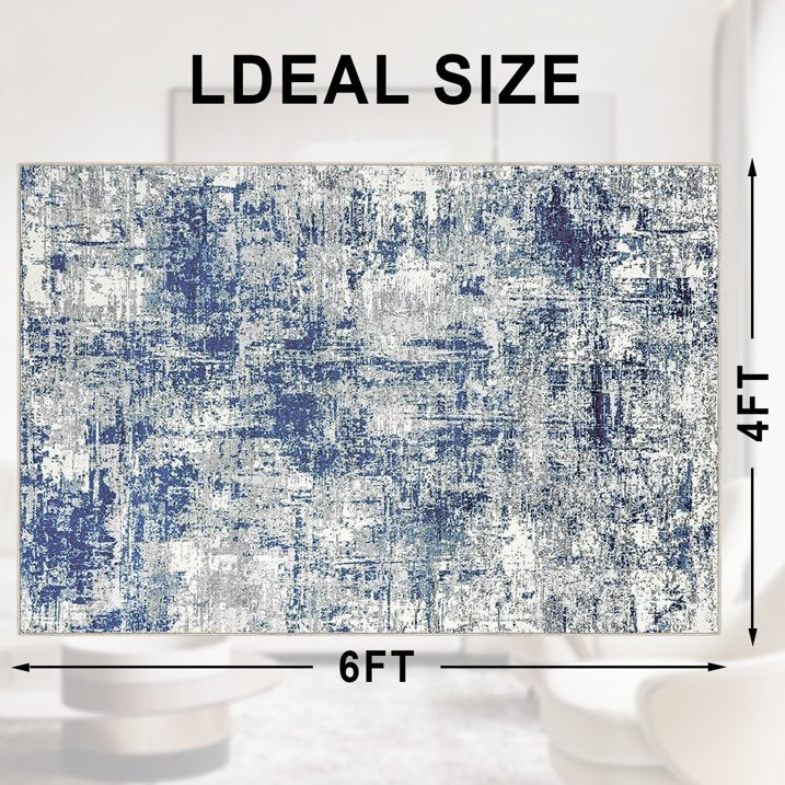 TECHVIDA Modern Area Rug 4x6,Machine Washable Rugs for Living Room,Indoor Carpet Foldable Nonslip,Bedroom Living Room Office-Blue