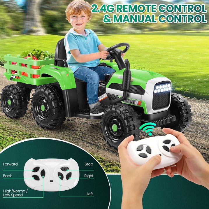 HNH 24V Ride on Toy,Kids Ride On Tractor with Trailer & Remote,Electric Car Toy with Bluetooth