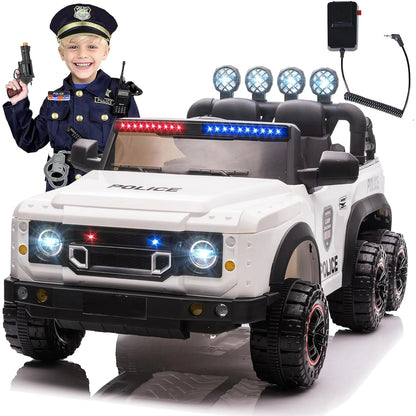 24V Electric Police Car for Kids 2 Seater, Six Wheel Ride on Toy for Big Kids with Remote Control, 400W Motors, 5mph Max Speed-White