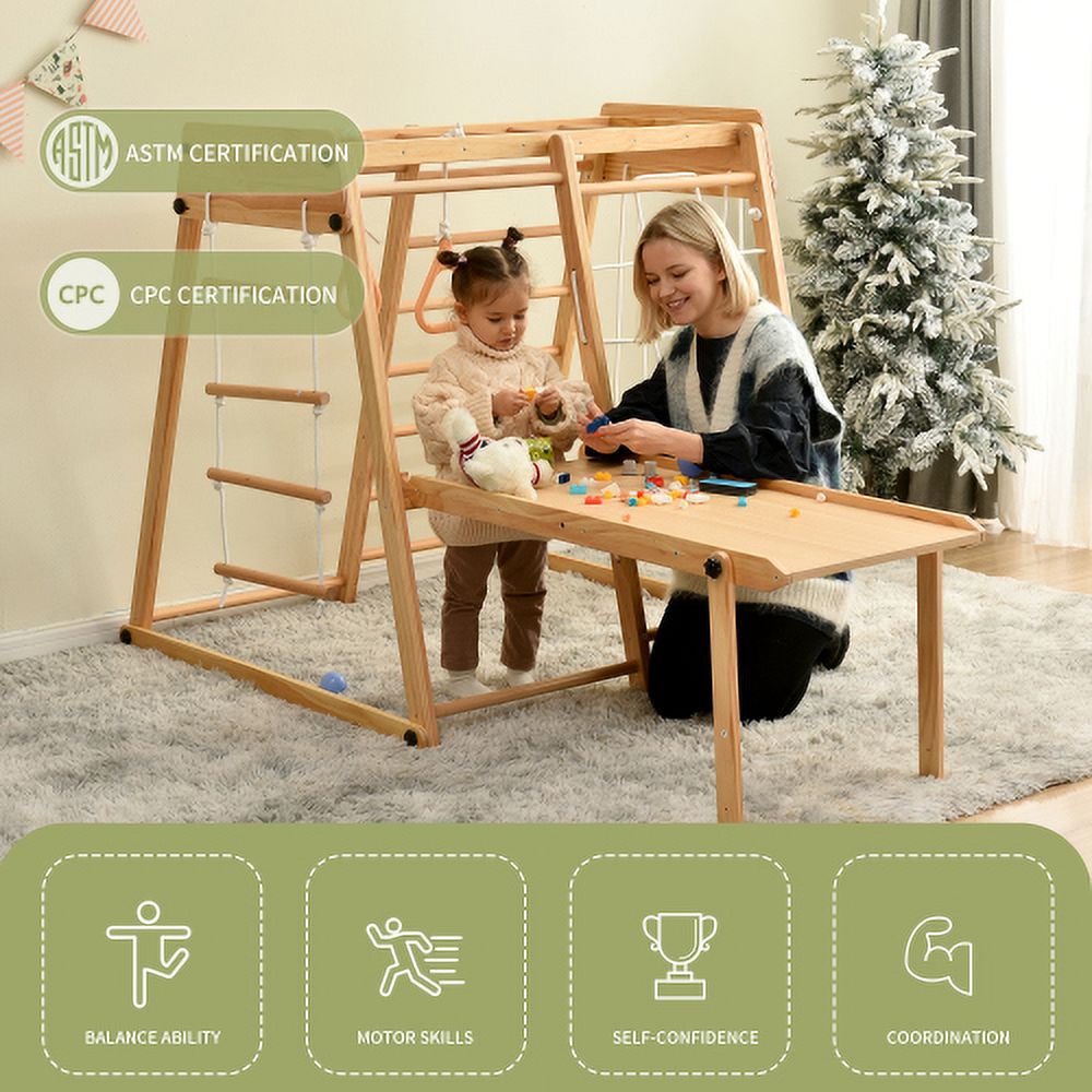 Cheelom 8-in-1 Wooden Indoor Kids Playground Jungle Gym with Slide Toddlers Wooden Climber with Slide Playset Wooden Rock Climbing Wall with Rope Wall Climb Monkey Bars and Swing for Kids