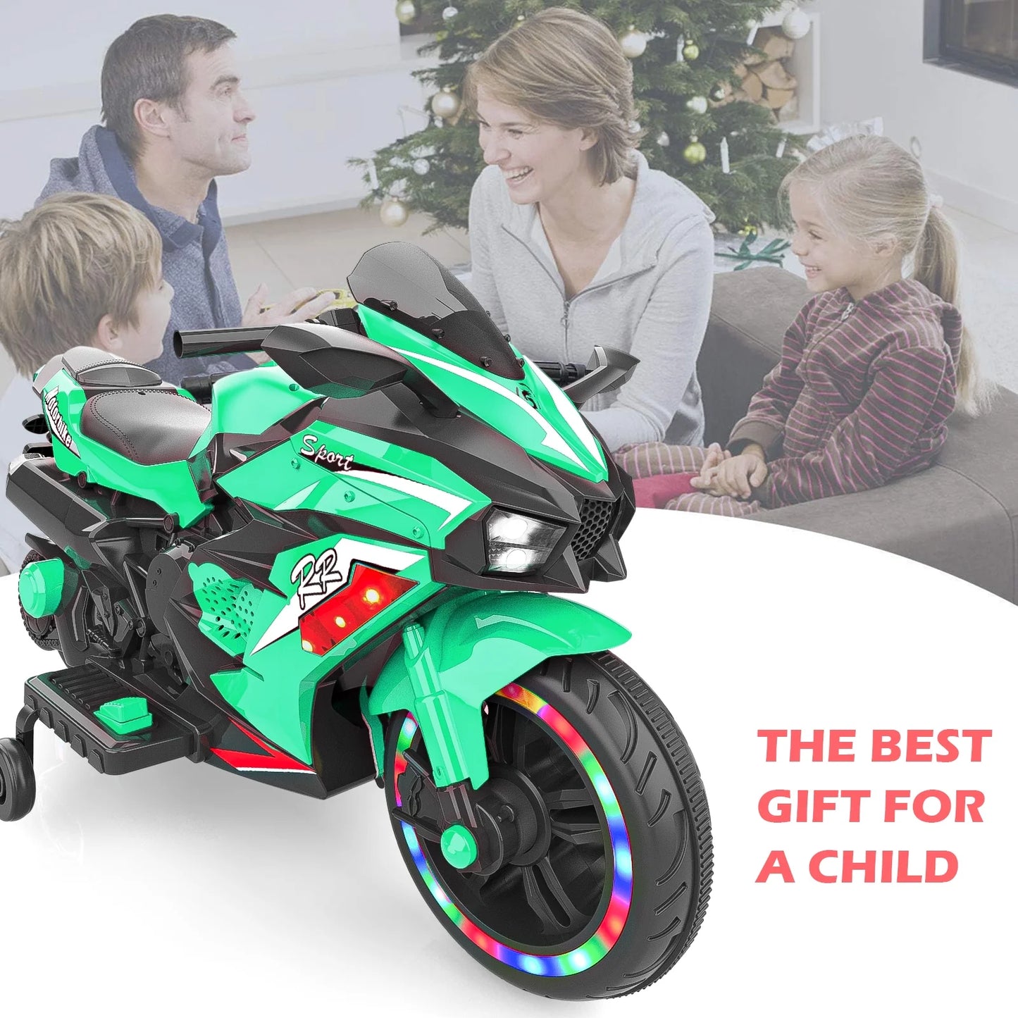 Cheelom 12V Kids Ride on Motorcycle, 2 Wheels Motorbike for Kids with Training, Lights,Music Green