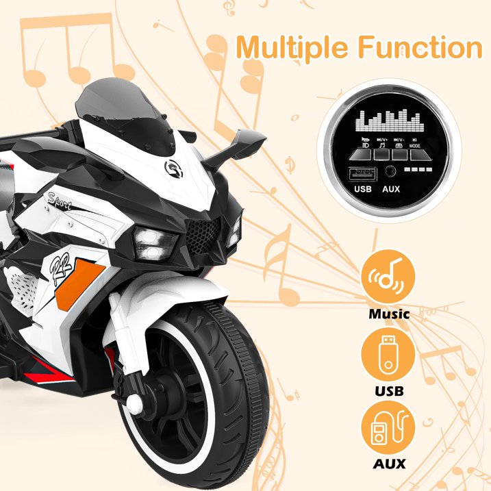12v Motorcycle for Children, Ride on Motorcycle with Light Wheel and PU Seat, Electric Motorcycle for Kid, White