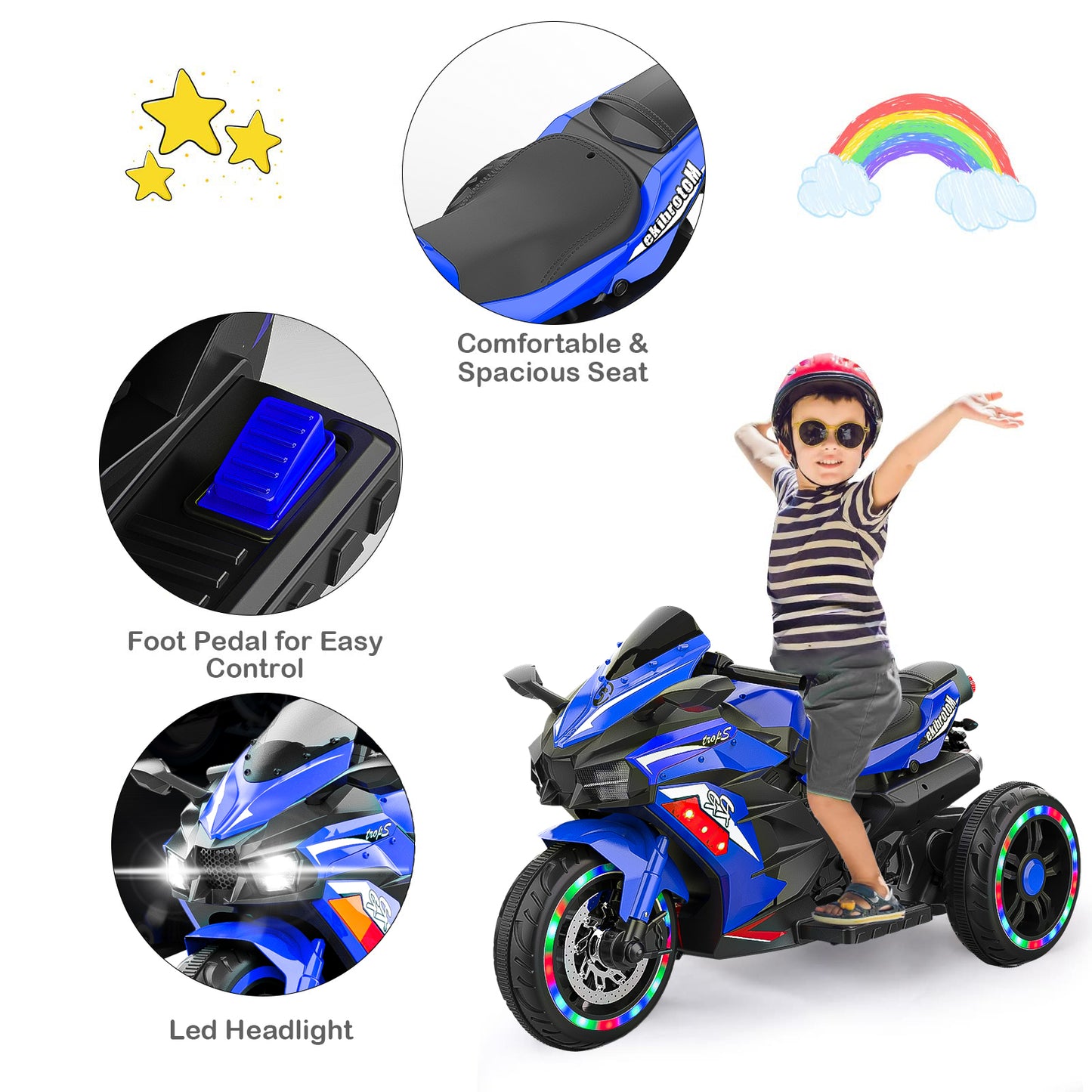 Kids Motorcycle,12V Ride on Motorcycle with Hand Racing /Foot Brake/Light Wheel/PU seat Kids Ride on Toys Children Electric Motorcycle, Blue