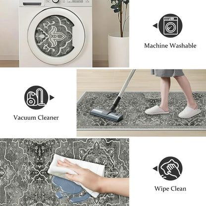 TECHVIDA Kitchen Rugs 4 Piece Set,Non Slip Machine Washable Kitchen Mats,Boho Vintage Abstract Kitchen Carpet for Farmhouse Living Room Hallway