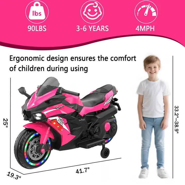 HNH 12V Ride on Toys for Girls, Electric Motorcycle Toys with Training Wheels, Powered Motorcycle with Music, Bluetooth, Lights