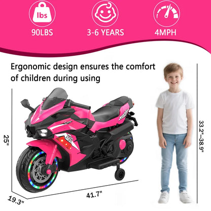 HNH 12V Ride on Toys for Girls, Electric Motorcycle Toys with Training Wheels, Powered Motorcycle with Music, Bluetooth, Lights