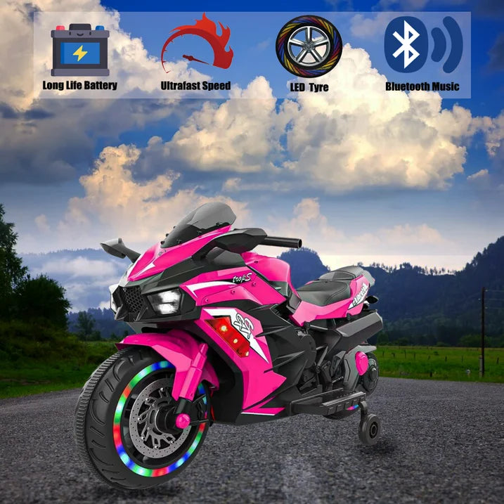 Zogymoz Kids Motorcycle for 3-8 Years, 12V Electric Ride on Motorcycle with Light Wheel & Bluetooth Music-Pink