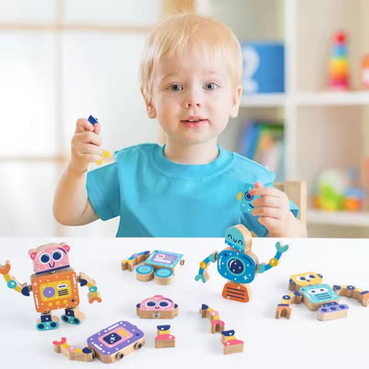 28PCS Robot Building Block Set for Kids, Wooden Snap-Connection Toy Builders, STEM Take Apart Set, Fine Motor Skill Educational Learning Toy for 3 4 5 Years Old Kids