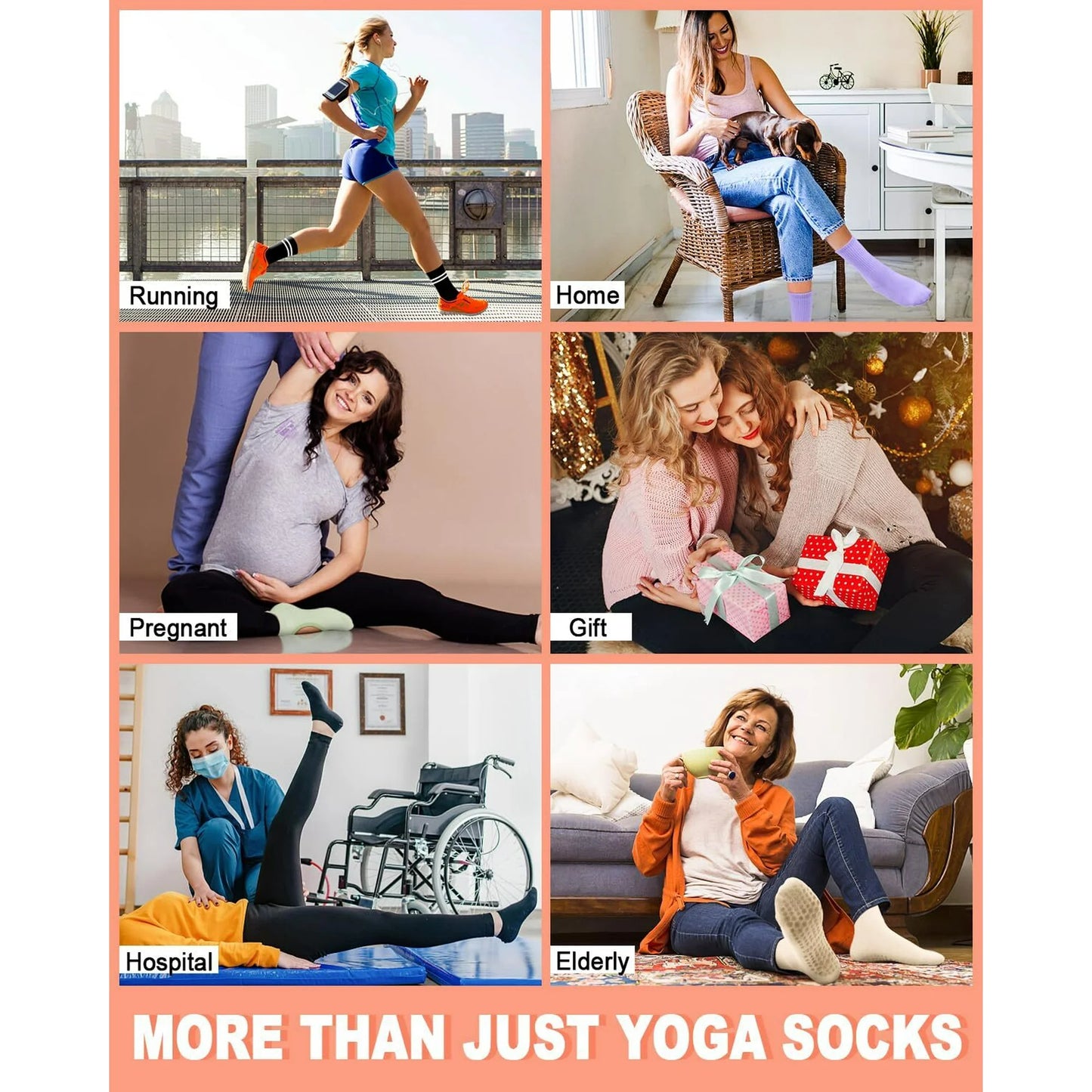YOMYM 6 Pairs Pilates Socks with Grips for Yoga, Barefoot, Ballet, Barre, Hospital Non Slip Anti Skid Socks for Women and Men