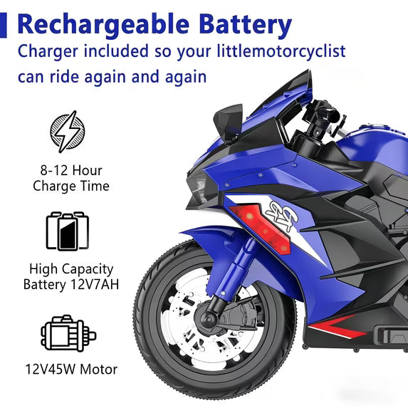 Zogymoz 12V Electric Motorcycle for Kids, Powered Ride on Motorcycle with LED Lights, Bluetooth Music