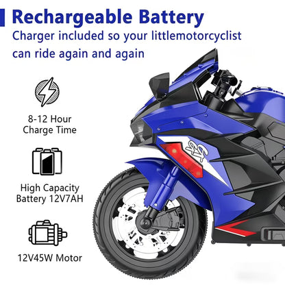 Zogymoz 12V Electric Motorcycle for Kids, Powered Ride on Motorcycle with LED Lights, Bluetooth Music
