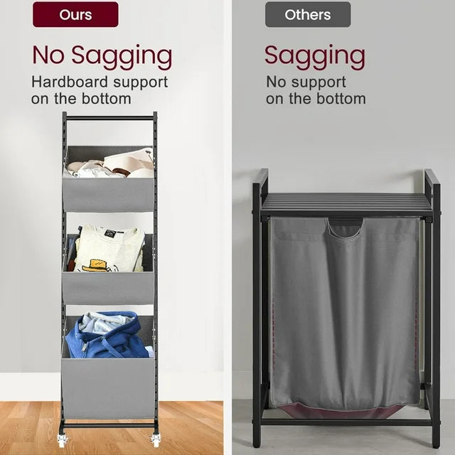 TECHVIDA Freestanding Laundry Sorter with 3 Baskets, Adjustable Metal Laundry Hamper Cart with Lockable Rolling Wheels for Storage