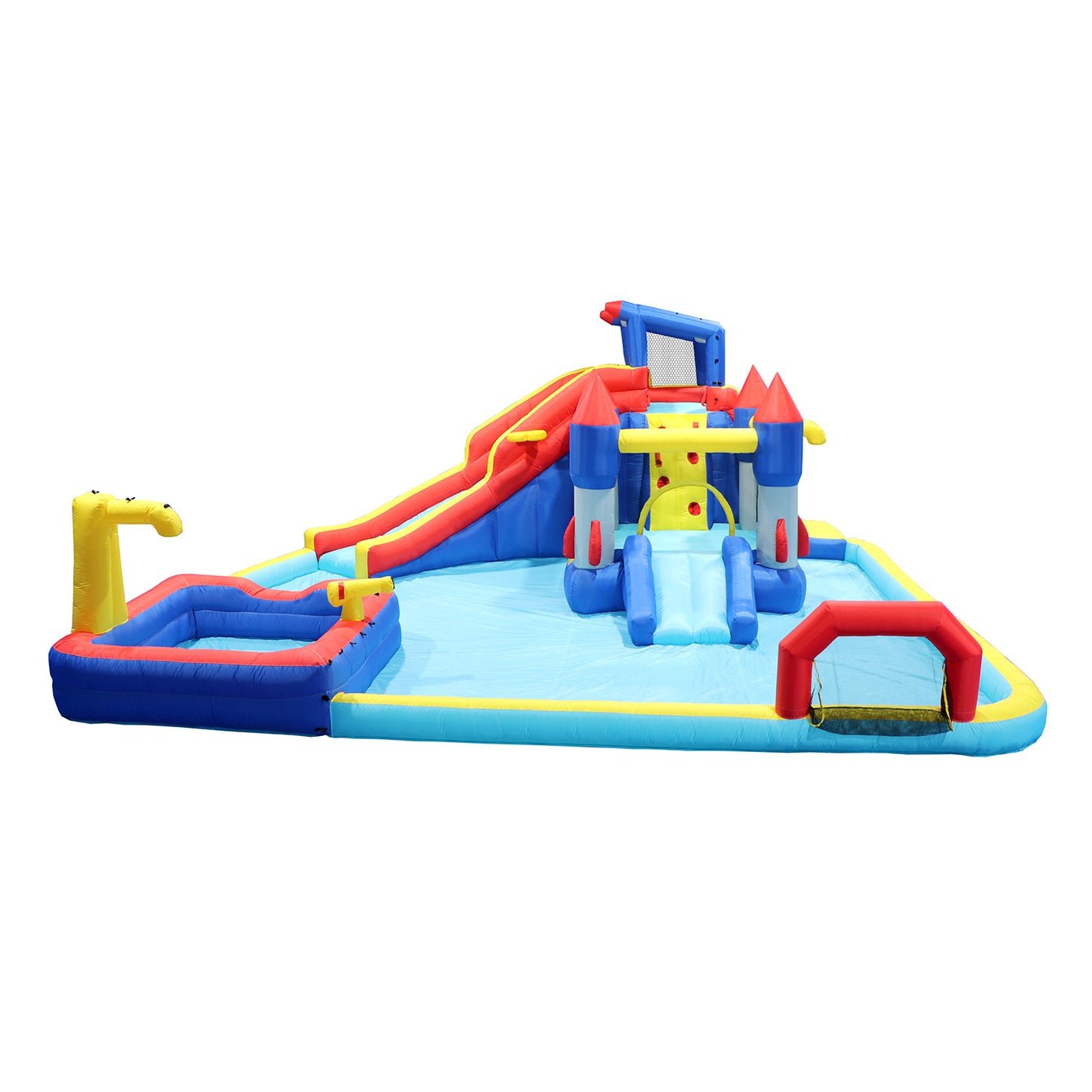 7 in1 Inflatable slide water park trampoline bouncing house yard garden with splash pool & water gun & basketball & climbing wall & dual pools & soccer