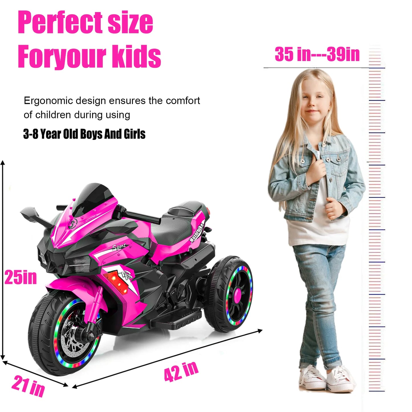 Zogymoz 12V Ride on Motorcycle for Kids, Pink Electric Dirt Bike with LED Light, Bluetooth Music, Motorbike Ride on Toy