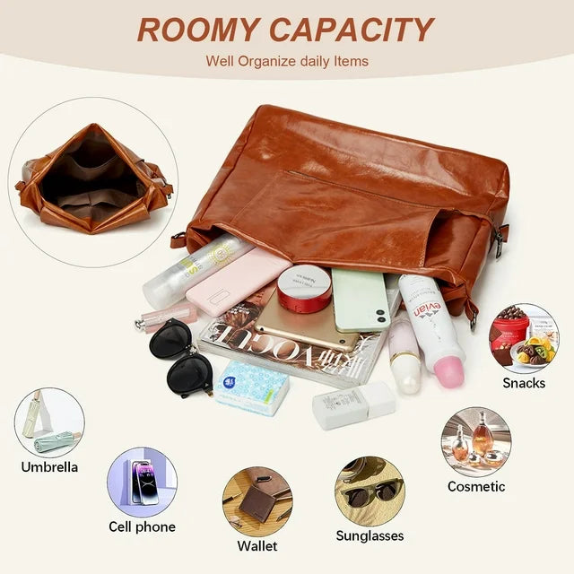 HONGLONG Women Handbag, leather Travel Shoulder Bag for Women,Tote Bag Zipper Crossbody Bag , Brown