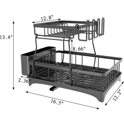 Techvida 2-Tier Drying Dish Rack and Drain Board Set Metal Black