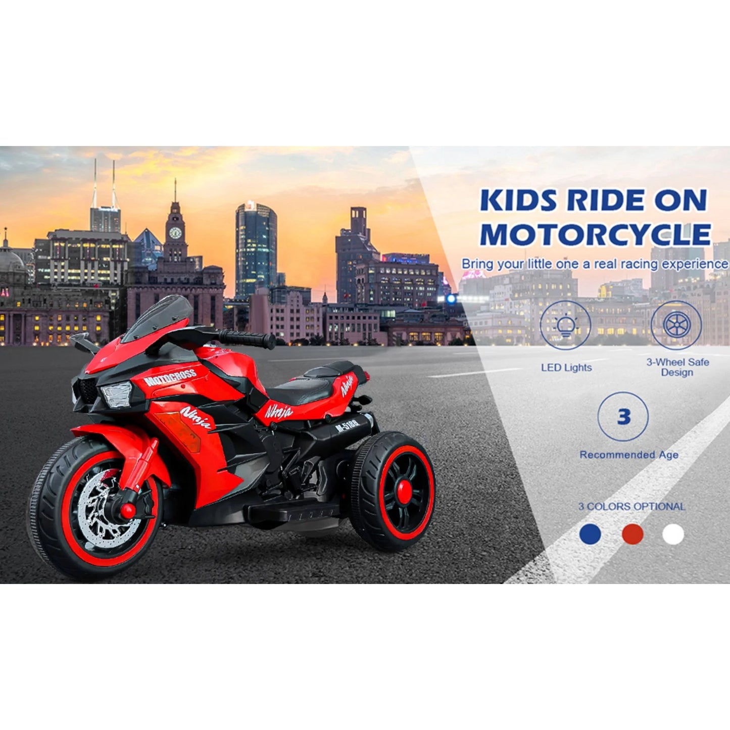 HNH 12V Kids Motorcycle to 2,3,4 Years Boy and Girl, Electric Motorcycle for Kids, 3 Wheels Toddler Motorcycle with Bluetooth Mp3 and Lighting Wheels-Red