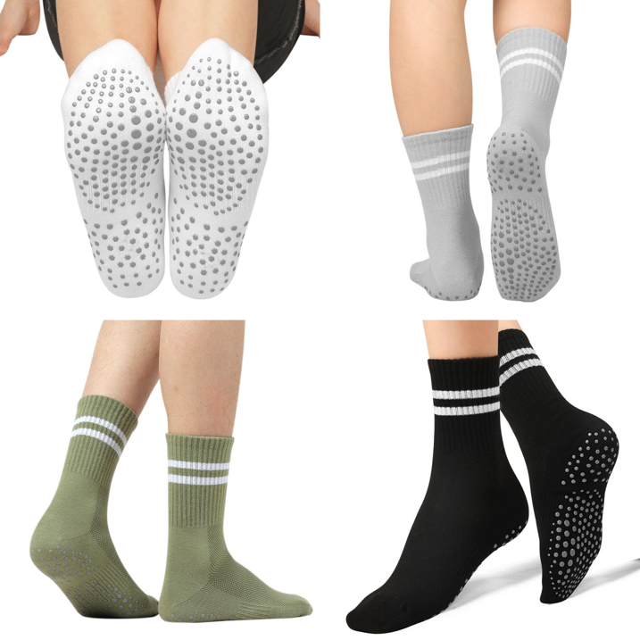 YOMYM 4 Pairs Non Slip Pilates Socks with Grips for Women, Crew Grip Socks for Yoga, Barre, Hospital, Barefoot Workout